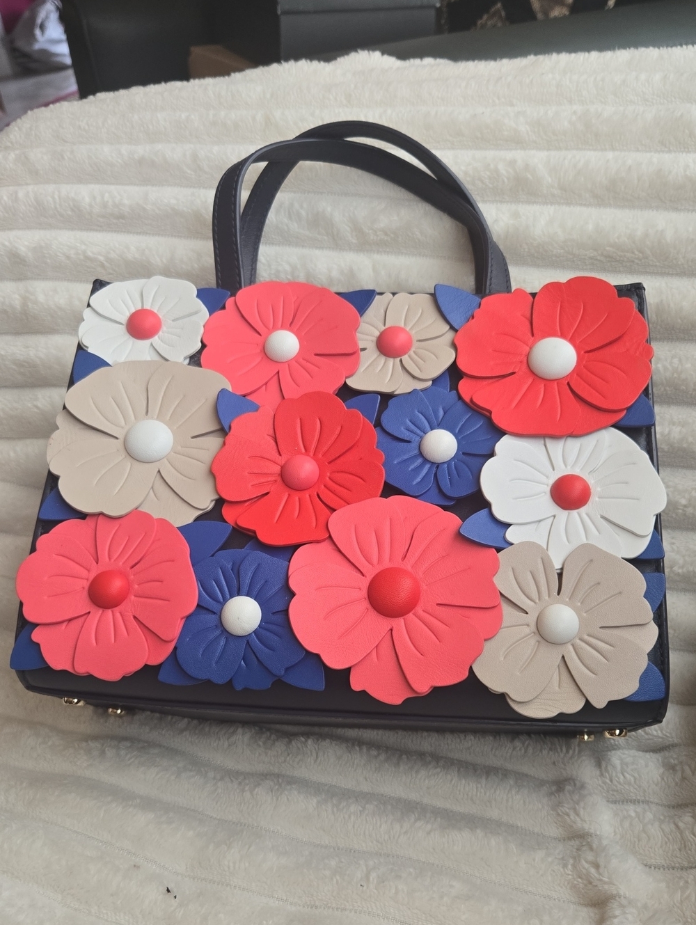 Kate Spade Rare Leather Bag with Floral Applique Design. Navy Blue